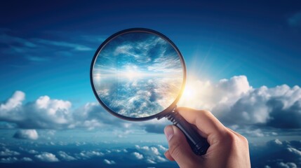 Business Exploration: Hands with Magnifying Glass against Blue Sky. Discover New Horizons.