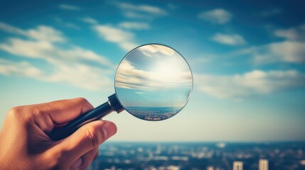 Business Exploration: Hands with Magnifying Glass against Blue Sky. Discover New Horizons.