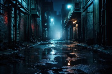 Dark downtown back alley at night after raining. Urban back street with atmospheric lighting  and soggy street. Inner city dark alleyway. Urban decay and weathered architecture. Generative AI - obrazy, fototapety, plakaty