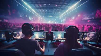 Young professional esports players are focused on gaming at esports venues. Generative AI
