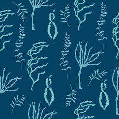 Simple seamless pattern with blue hand drawn seaweeds on dark background.