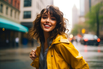 Portrait of a smiling happy woman in rainy New York, walking down the sidewalk, wearing fashionable...