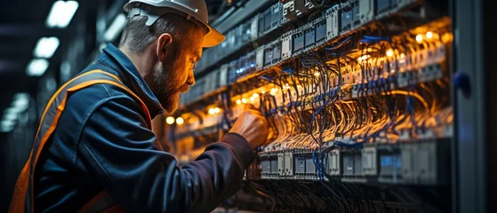 Foto op Aluminium Man performing electrical repair at a switchboard with fuses. © tongpatong