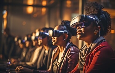 Fototapeta na wymiar Black woman using virtual reality headset to play video games in living room with mixed-race group of people watching,.