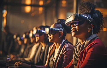 Cercles muraux Brésil Black woman using virtual reality headset to play video games in living room with mixed-race group of people watching,.