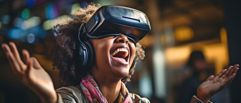 Black woman using virtual reality headset to play video games in living room with mixed-race group of people watching,.