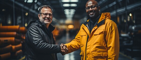 Industrial warehouse employee or engineer shaking hands in safety suite to celebrate accomplishment or sign an agreement logistics. - obrazy, fototapety, plakaty
