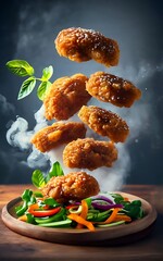 chicken restaurant including fried chicken cutlets as a main subject flying food Utilize high-speed photography for photorealisticGenerative AI