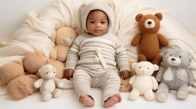 black baby sitting surrounded by toys