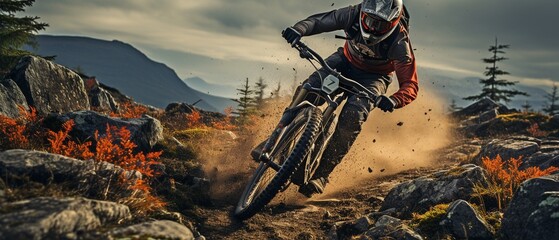The biker is travelling on a mountain bike along a wooded track with rocks..