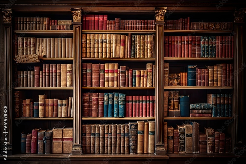 Wall mural glimpse into history. aged literature on antique wooden shelves. library of knowledge. rows of vinta