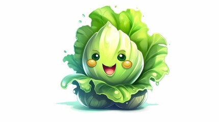cartoon lettuce vegetable by kee keon zhi on a white.Generative AI