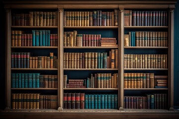 Glimpse into history. Aged literature on antique wooden shelves. Library of knowledge. Rows of...