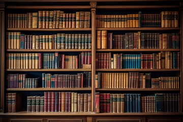 Glimpse into history. Aged literature on antique wooden shelves. Library of knowledge. Rows of vintage books await curious minds. Art of learning. Archive of old book in scholarly haven