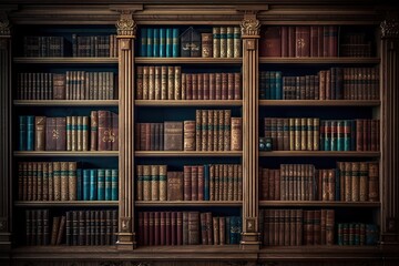 Glimpse into history. Aged literature on antique wooden shelves. Library of knowledge. Rows of...