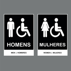 Placas de Sinaliza&ccedil;&atilde;o para Banheiros Minimalistas Masculinos Femininos e Deficientes com Tradu&ccedil;&atilde;o ao Ingl&ecirc;s e Espanhol. Artes dispon&iacute;veis na cor preta com detalhes em branco.