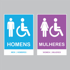 Placas de Sinaliza&ccedil;&atilde;o para Banheiros Minimalistas Masculinos Femininos e Deficientes com Tradu&ccedil;&atilde;o ao Ingl&ecirc;s e Espanhol. Artes dispon&iacute;veis nas cores azul e rosa com detalhes em branco.