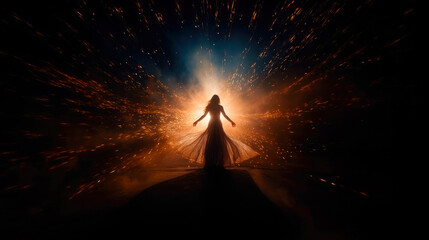 Angel, the messenger of God. Woman spreading her arms under wings with a night sky background - obrazy, fototapety, plakaty