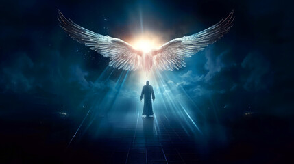 Angel, the messenger of God. Man under wings with a night sky background - obrazy, fototapety, plakaty