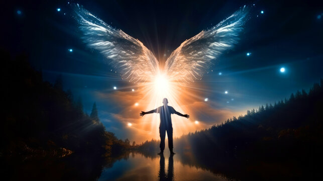Angel, the messenger of God. Man spreading his arms under wings with a night sky background
