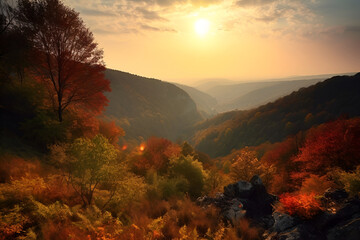 Autumn forest in the mountains at sunset