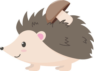 Cute cartoon hedgehog with a mushroom on his back vector print in flat style