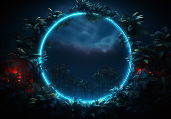 circular frame with neon lights and leaves on dark background, in the style of light sky green blue and dark azure