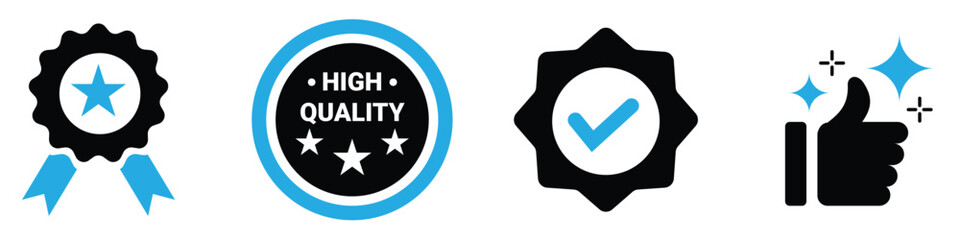 high quality icon set, label, thumbs up, verified, badge