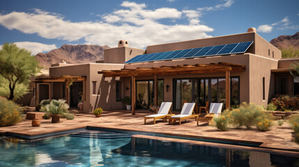 Adobe house in the desert with solar panels