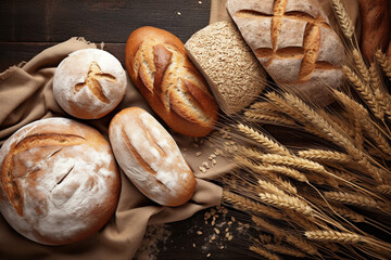 Assortiment de pain, blé, graine et farine sur du bois  - obrazy, fototapety, plakaty