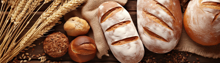 Assortiment de pain, blé, graine et farine sur du bois  - obrazy, fototapety, plakaty
