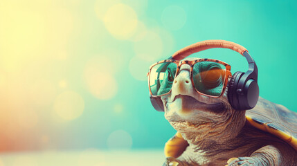 A carefree turtle wearing sunglasses and headphones,  slow-dancing