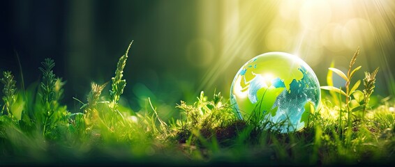 Global guardianship. Glass globe embraces earth fragile ecosystems on grass. Holding world future with care. Planet green promise. Encapsulates life and ecology - obrazy, fototapety, plakaty