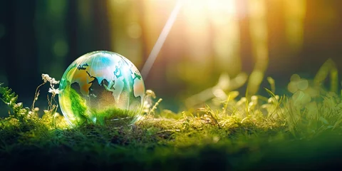 Fotobehang Global guardianship. Glass globe embraces earth fragile ecosystems on grass. Holding world future with care. Planet green promise. Encapsulates life and ecology © Bussakon