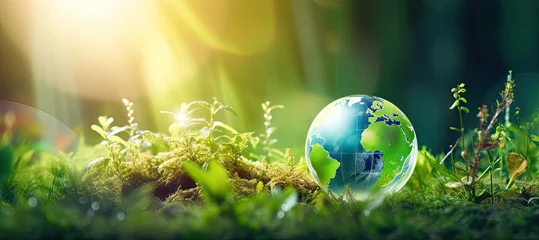Fotobehang Global guardianship. Glass globe embraces earth fragile ecosystems on grass. Holding world future with care. Planet green promise. Encapsulates life and ecology © Bussakon