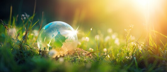 Global guardianship. Glass globe embraces earth fragile ecosystems on grass. Holding world future...