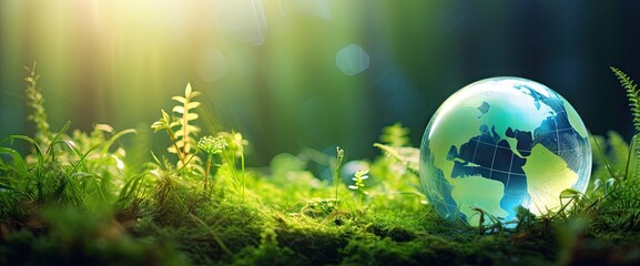 Global guardianship. Glass globe embraces earth fragile ecosystems on grass. Holding world future with care. Planet green promise. Encapsulates life and ecology