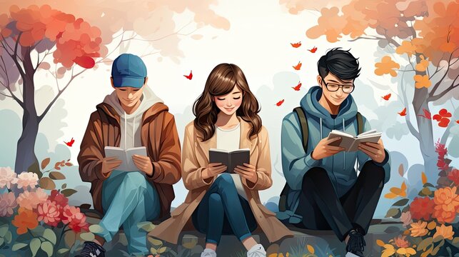 Young people reading or with the mobile without social contact. Generative AI