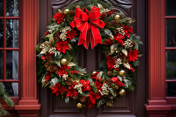 Fototapeta na wymiar Wreath decoration at door for Christmas holiday, Close up