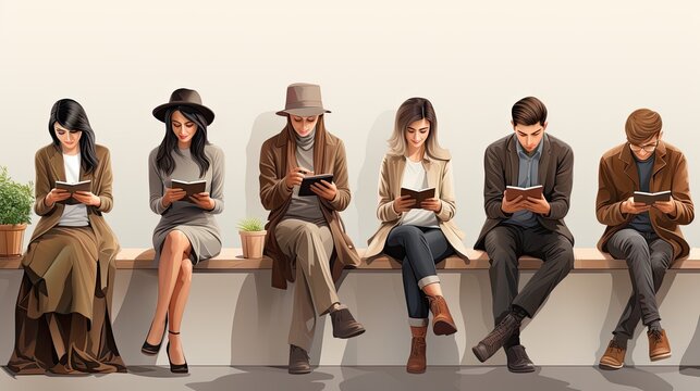 Young people reading or with the mobile without social contact. Generative AI