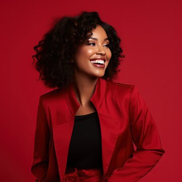 happy smiling black woman with dark hair wearing red jacket on red background 

