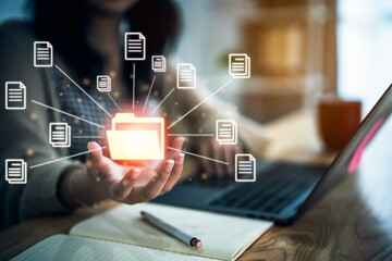 Big data clouds computing database, document management system concept, business woman use hand...