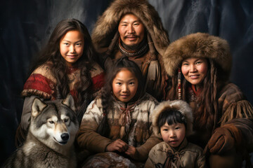 Portrait of Eskimo family wearing traditional cloth - obrazy, fototapety, plakaty