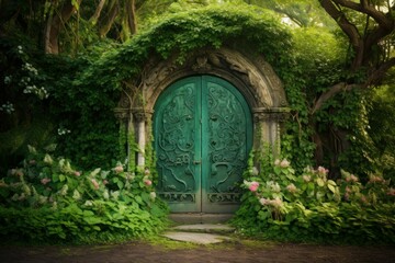 Door green garden. Nature stone old. Generate Ai - obrazy, fototapety, plakaty