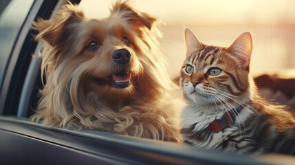 closeup of cat and dog looking out of car window