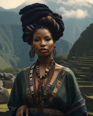 Store enrouleur occultant sans perçage Machu Picchu Frau in traditioneller Kleidung am Machu Picchu in Peru 