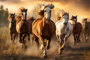a group of horses running in the meadow