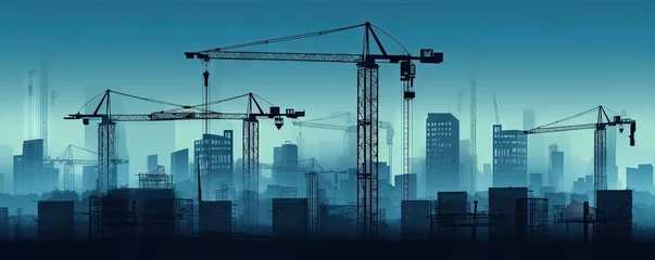 Foto op Plexiglas Urban evolution. Silhouetted construction site in modern city background. Building future. Skyscraper at dawn. Engineering marvel. High rise in progress © Bussakon