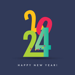 Happy New year 2024 colourful announcement post template on blue background. happy new year 2024. 2024 Happy New Year logo text design for social media post. Minimalistic new year trendy background.
