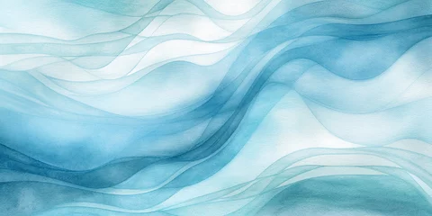 Fotobehang Abstract water ink wave, blue, white lines background watercolor texture. Navy ocean minimalist wave as web, mobile Graphic Resource for copy space text backdrop. Blue wavy snow winter illustration © Vita